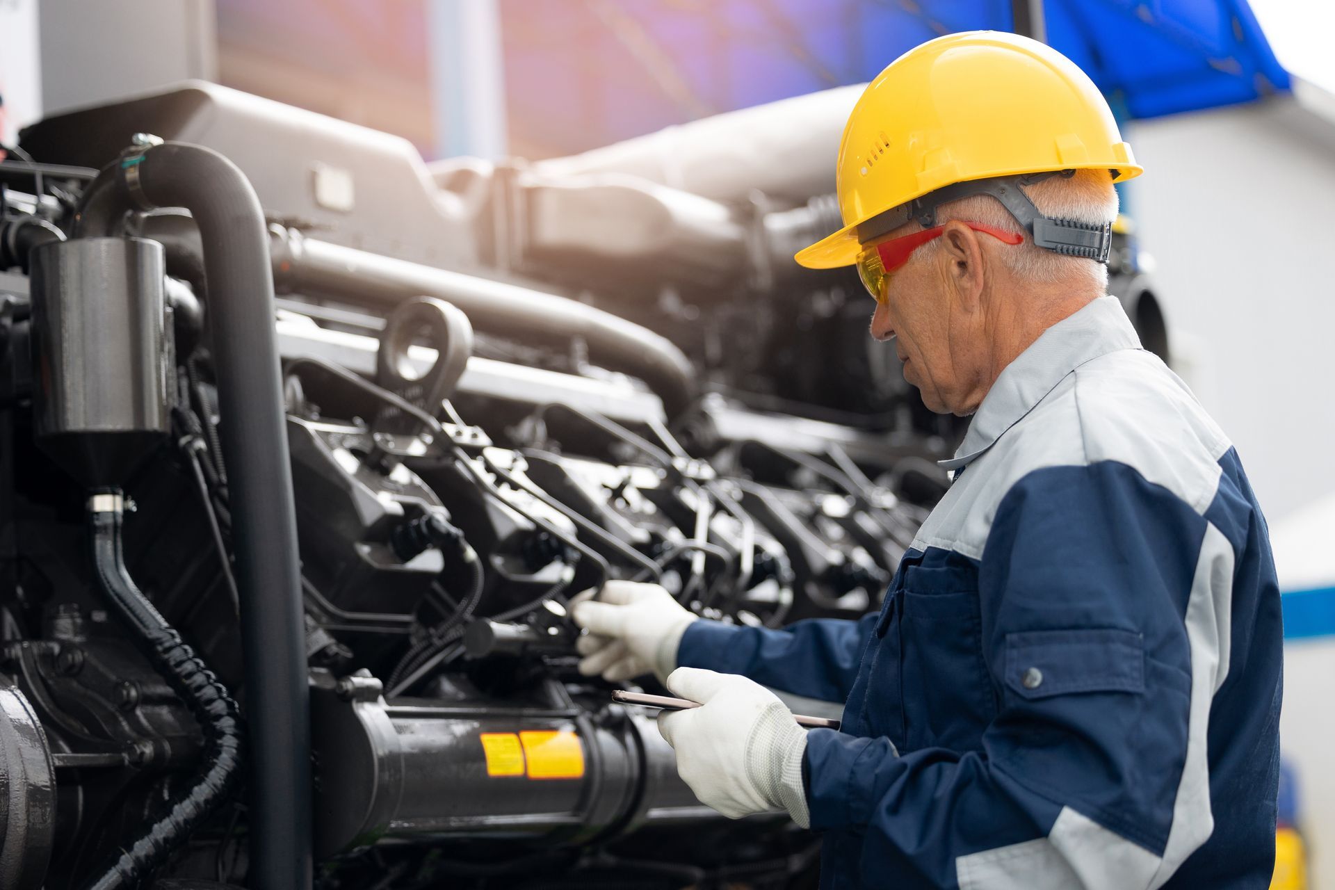 A technician in a yellow hard hat and work uniform inspects a large industrial engine.
