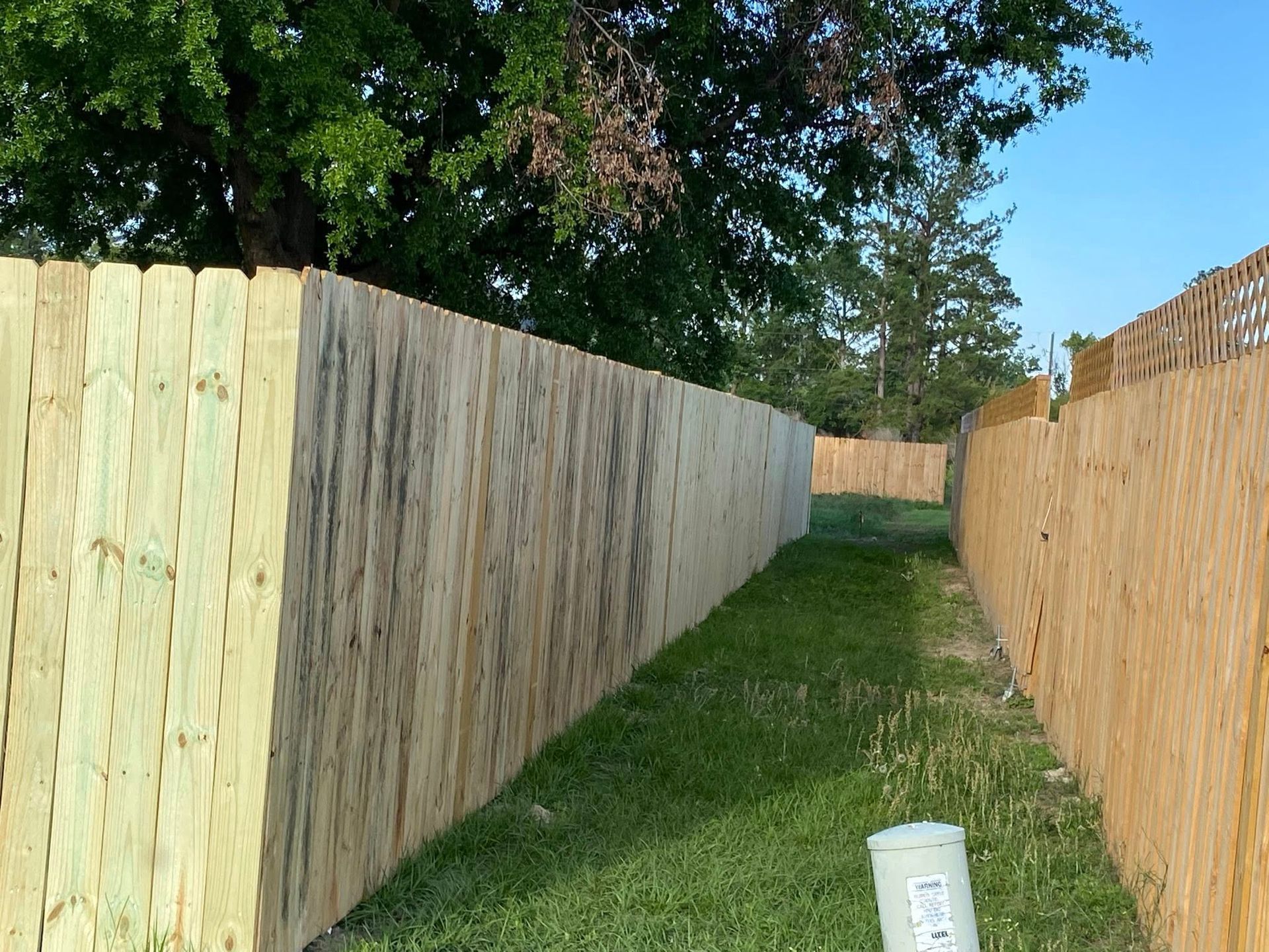 A long wooden fence surrounds a grassy area with trees in the background.