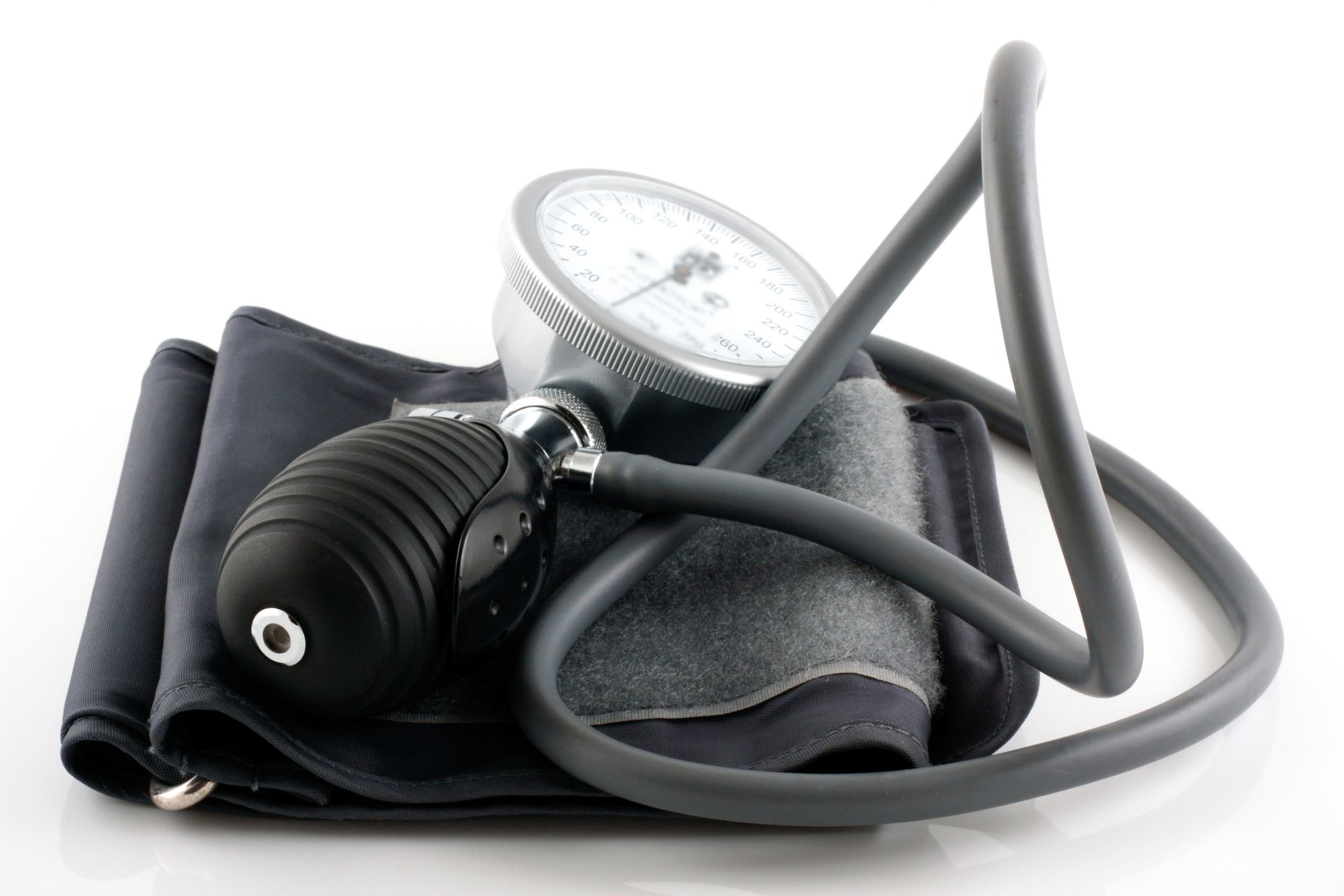 Blood pressure cuff with a gauge, ready for use.