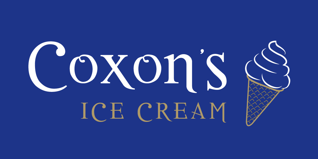 Coxon's Ice Cream logo with text in white and gray on blue background, featuring an ice cream cone.
