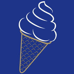 Blue ice cream cone with white swirls, brown waffle cone on dark blue background.