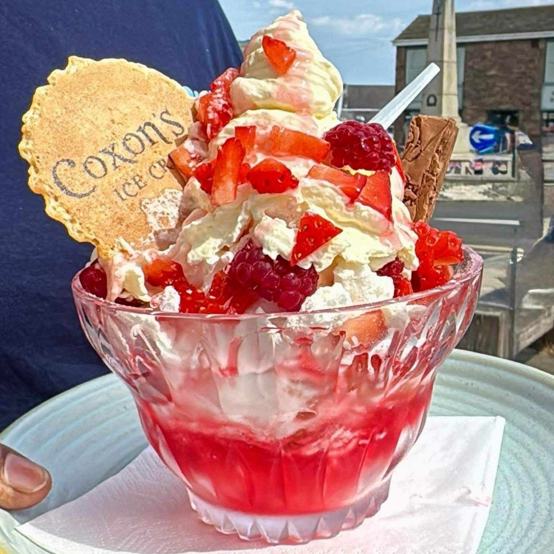 Ice cream sundae in glass bowl with strawberries, raspberries, a wafer and chocolate.
