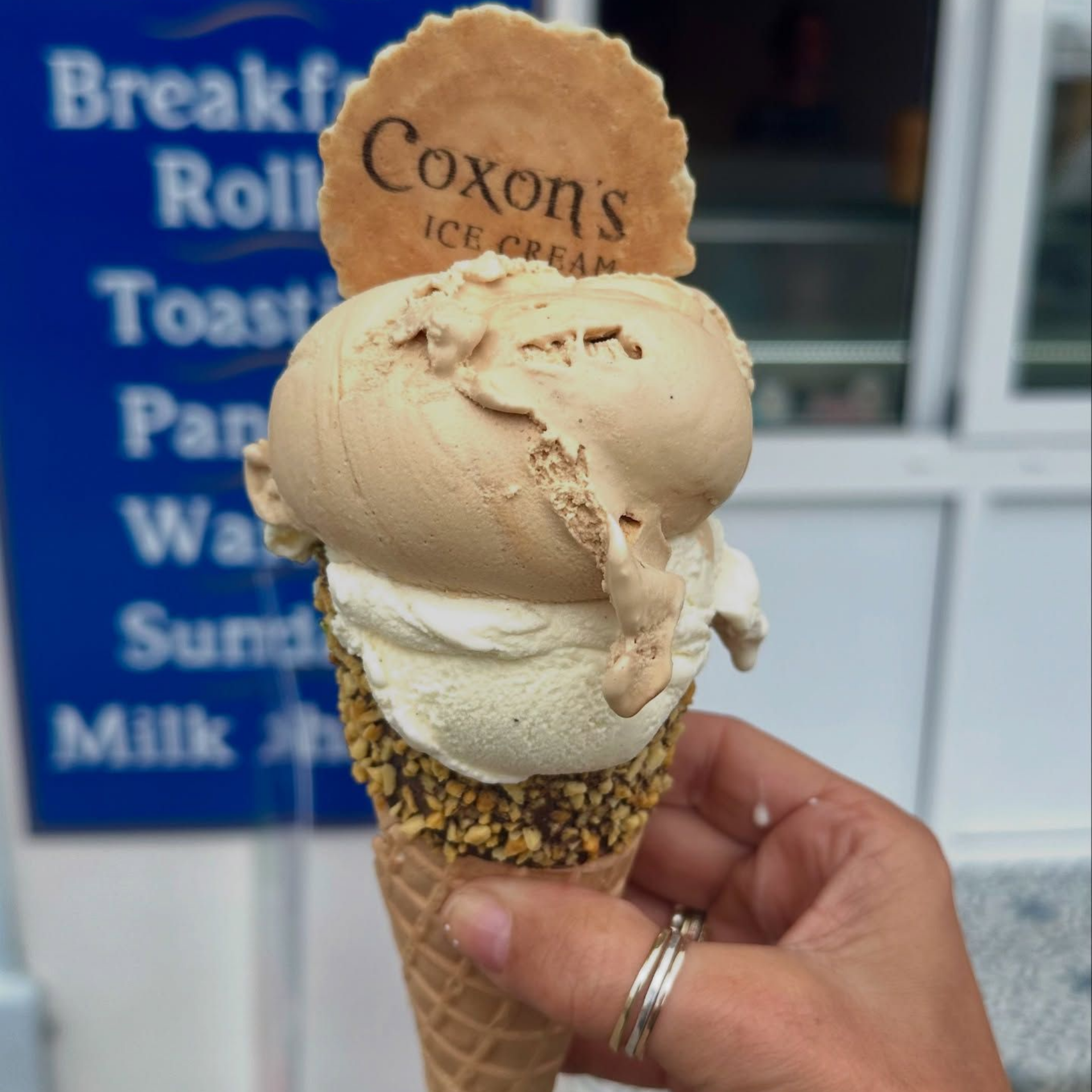 Hand holding an ice cream cone with two scoops, topped with a cookie. Blue sign in background.