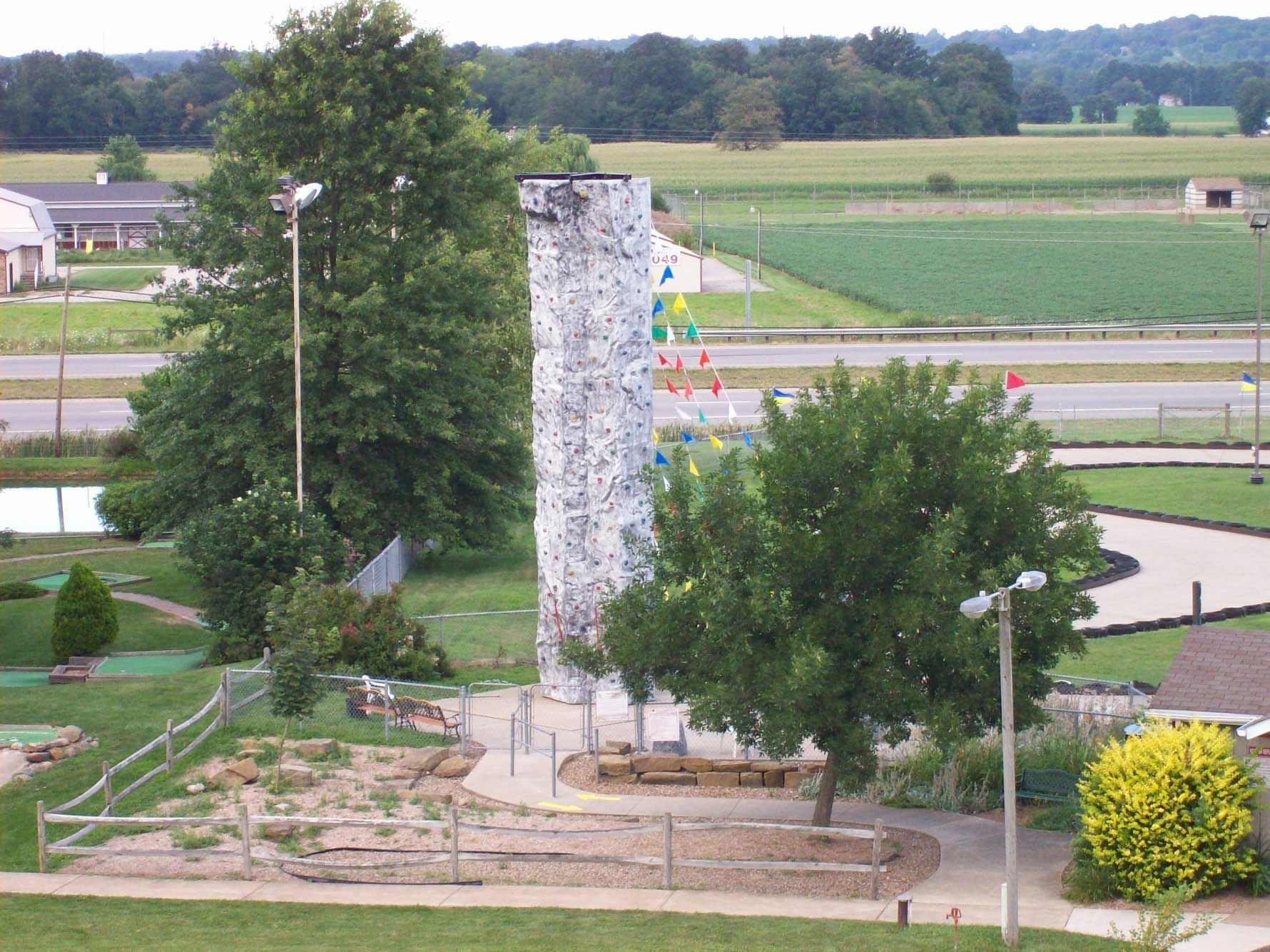 An aerial view of a climbing wall in a park