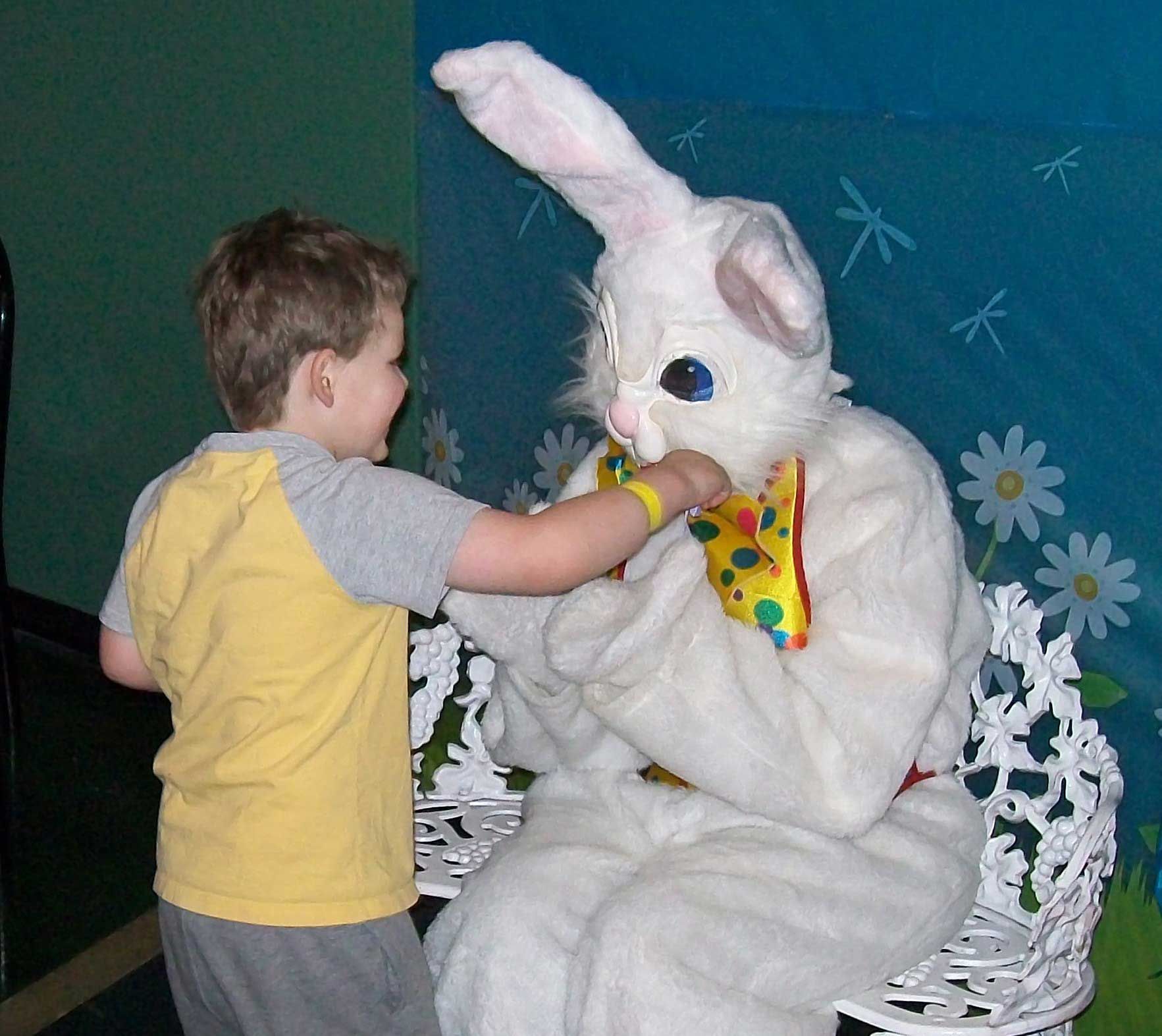 A little boy petting a stuffed bunny on a bench