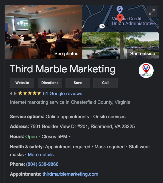 Third Marble's Google Business Profile panel