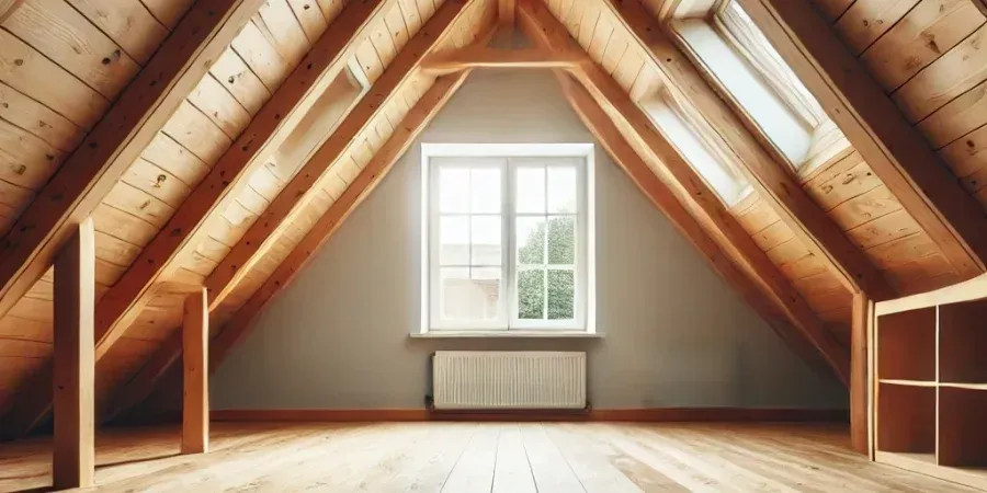 An empty attic with a wooden ceiling and a window.
