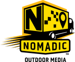 A blue and yellow logo for nomadic outdoor media