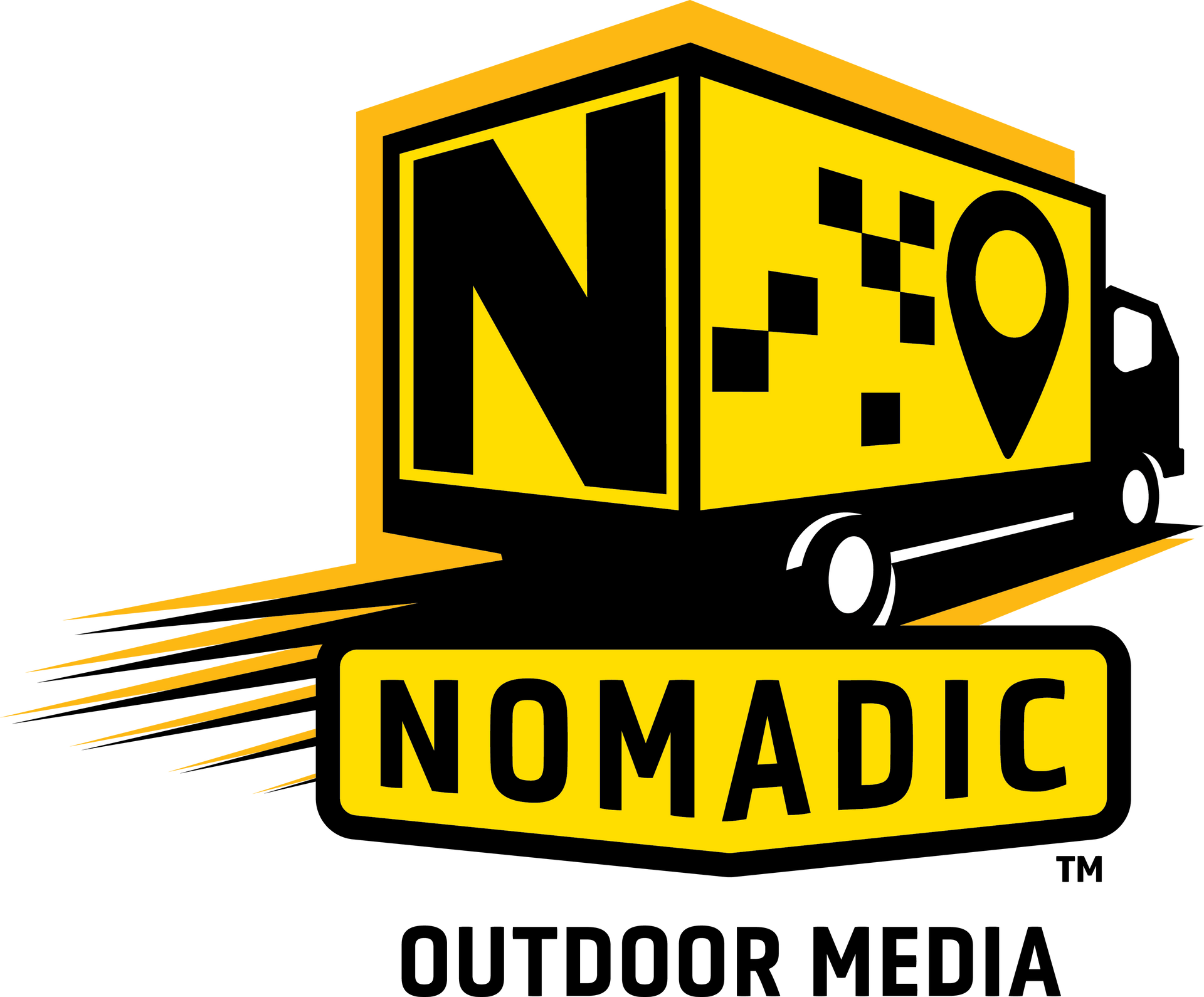 A blue and yellow logo for nomadic outdoor media