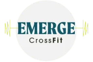 Logo for Emerge CrossFit, teal text over a light gray circle, with yellow sound wave lines on either side.
