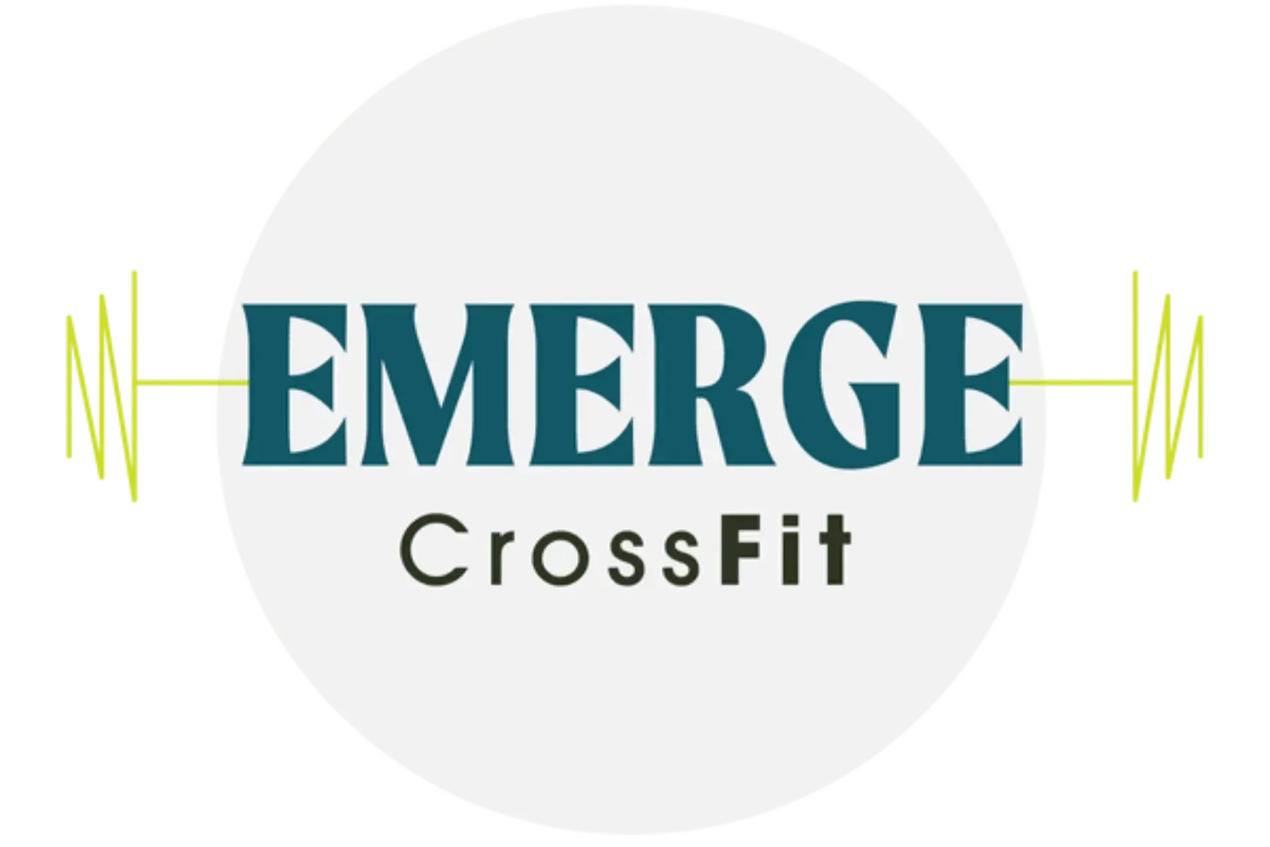 Logo for Emerge CrossFit, teal text over a light gray circle, with yellow sound wave lines on either side.