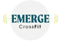 Logo for Emerge CrossFit, teal text over a light gray circle, with yellow sound wave lines on either side.