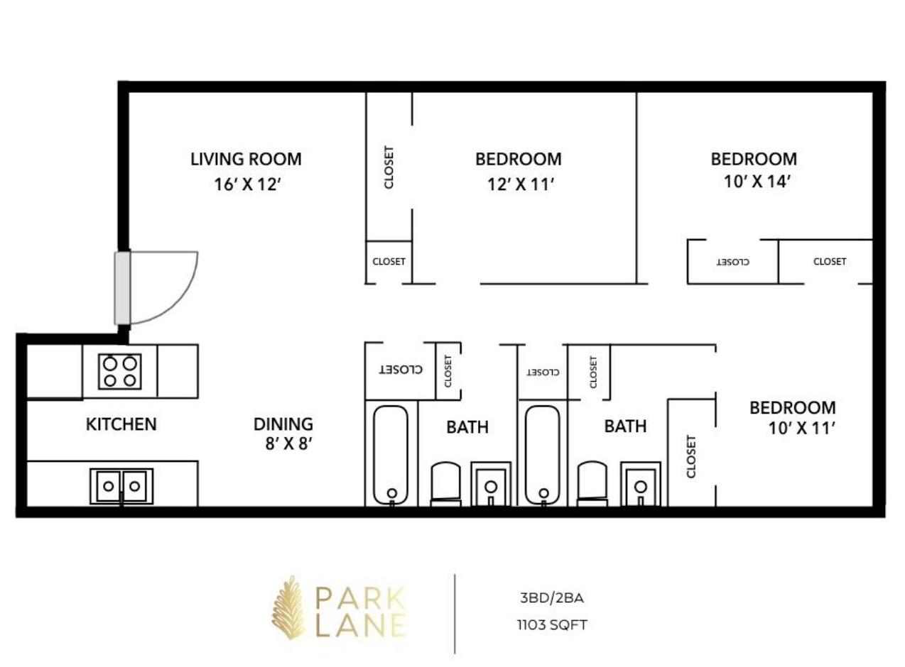 A black and white floor plan of a house with three bedrooms and a bathroom.