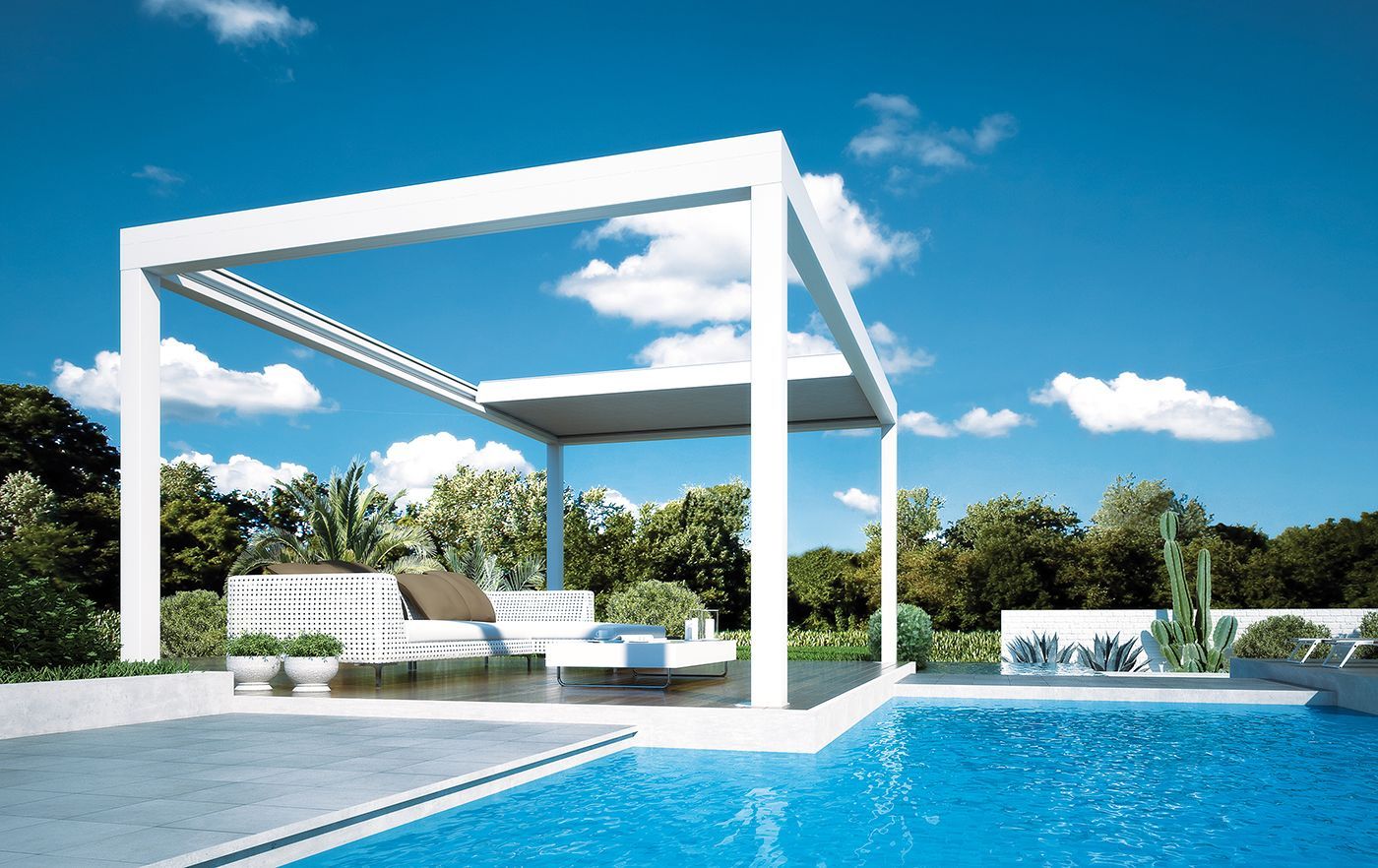 Piscina con arredo per esterni sotto pergola Dirello