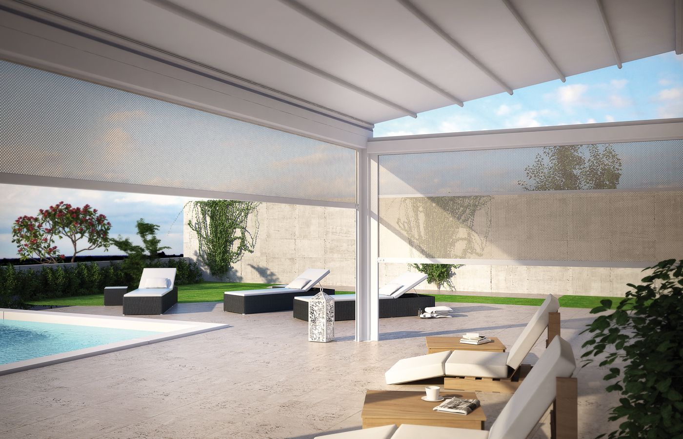 Arredi aoutdoor e tenda con sistema schermatura antivento Dirello