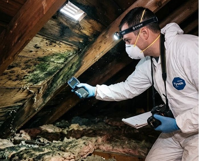 A technician in a protective suit and respirator inspects mold on wooden rafters in an attic with a handheld meter.