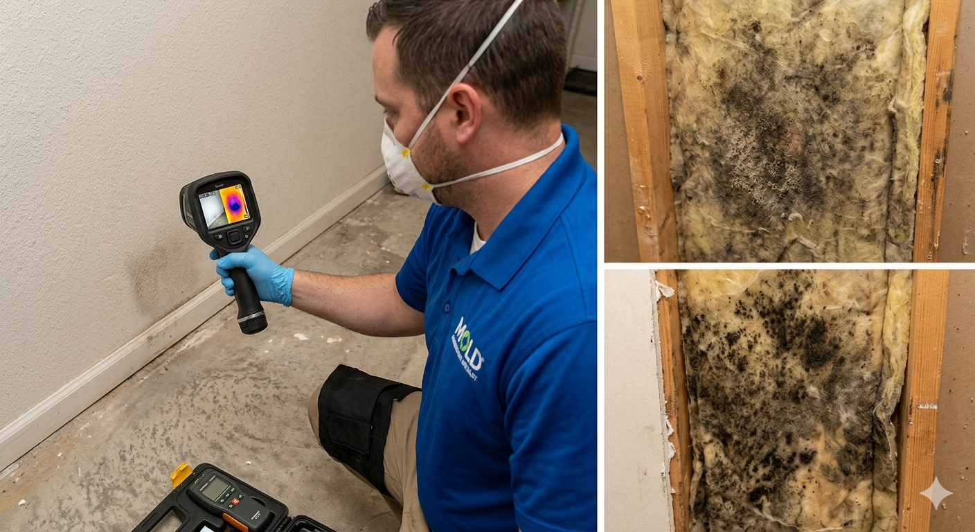 A technician using a thermal camera to inspect a wall for mold, with close-up shots of moldy insulation inside the wall.