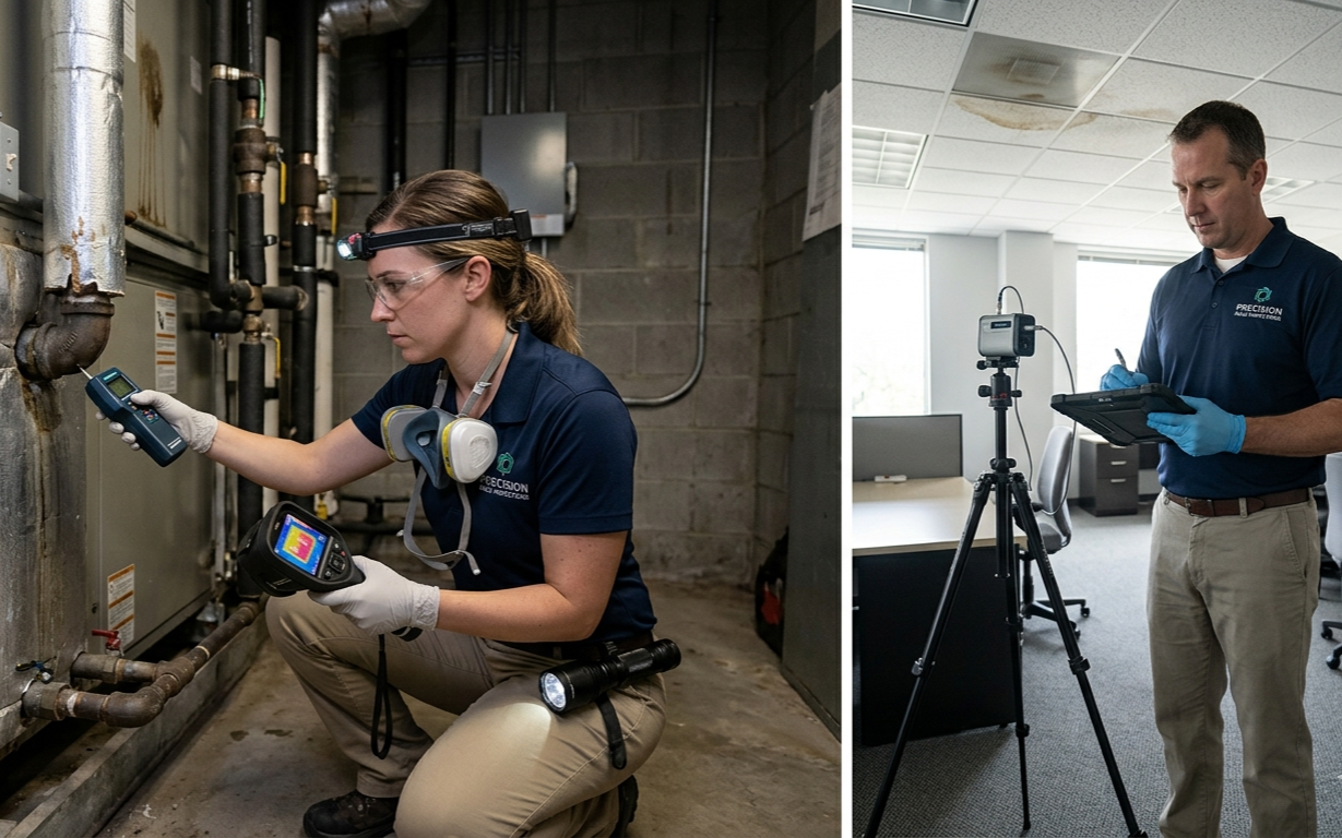 Two professionals perform environmental inspections: one scans pipes in a basement; the other monitors equipment in an office.