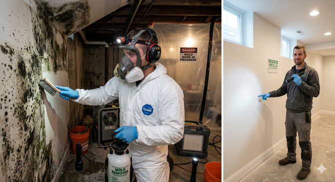 A side-by-side comparison of a mold-remediation professional cleaning a basement wall and a finished, clean, painted wall.