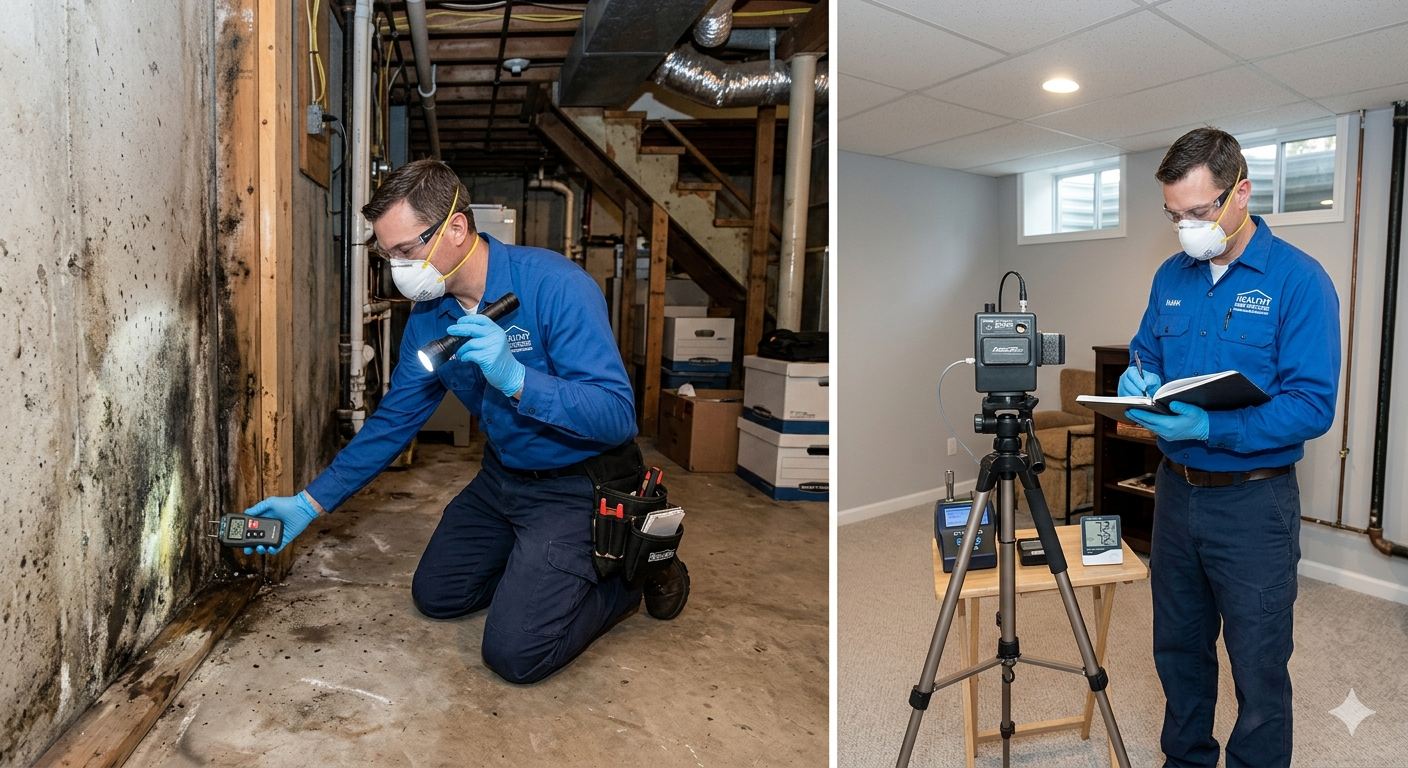 A technician in protective gear inspects mold on a basement wall in one photo and uses air quality equipment in another.