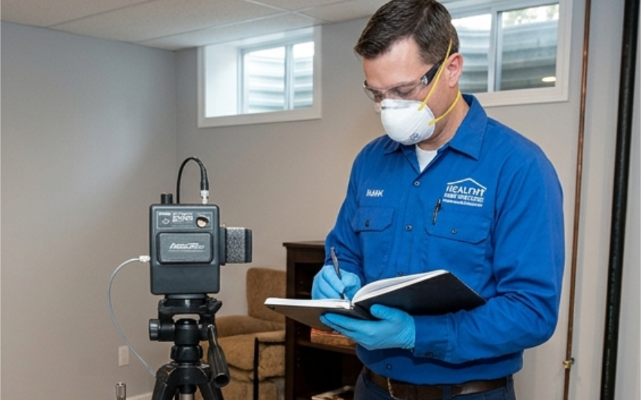 A technician in a blue uniform and face mask records data from a radon testing device mounted on a tripod in a room.