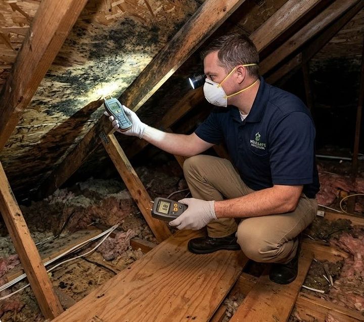 A technician in a mask and gloves inspects black mold on attic wood using a moisture meter and a headlamp.