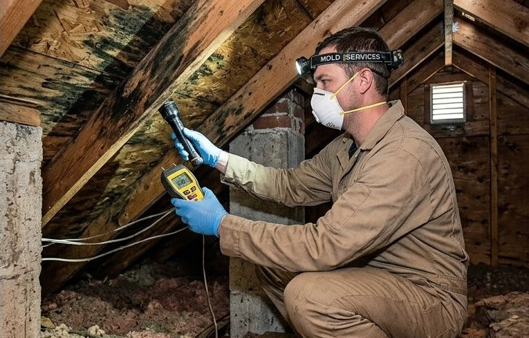 An inspector wearing a respirator and protective gear tests wood in an attic for moisture, inspecting visible mold.