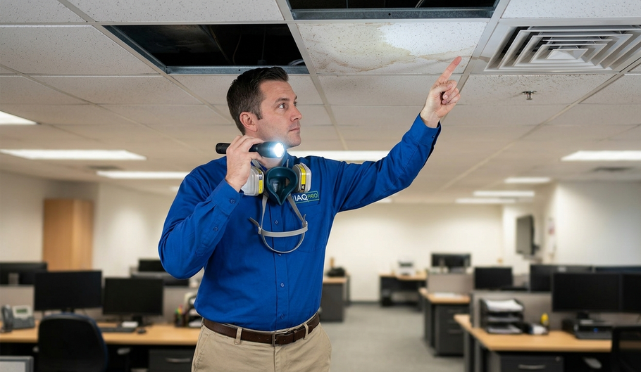 A person in a blue shirt with a respirator around their neck points to a water-stained ceiling tile in an office.