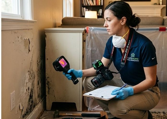 A professional wearing protective gear uses a thermal camera to inspect mold damage on a wall inside a home.