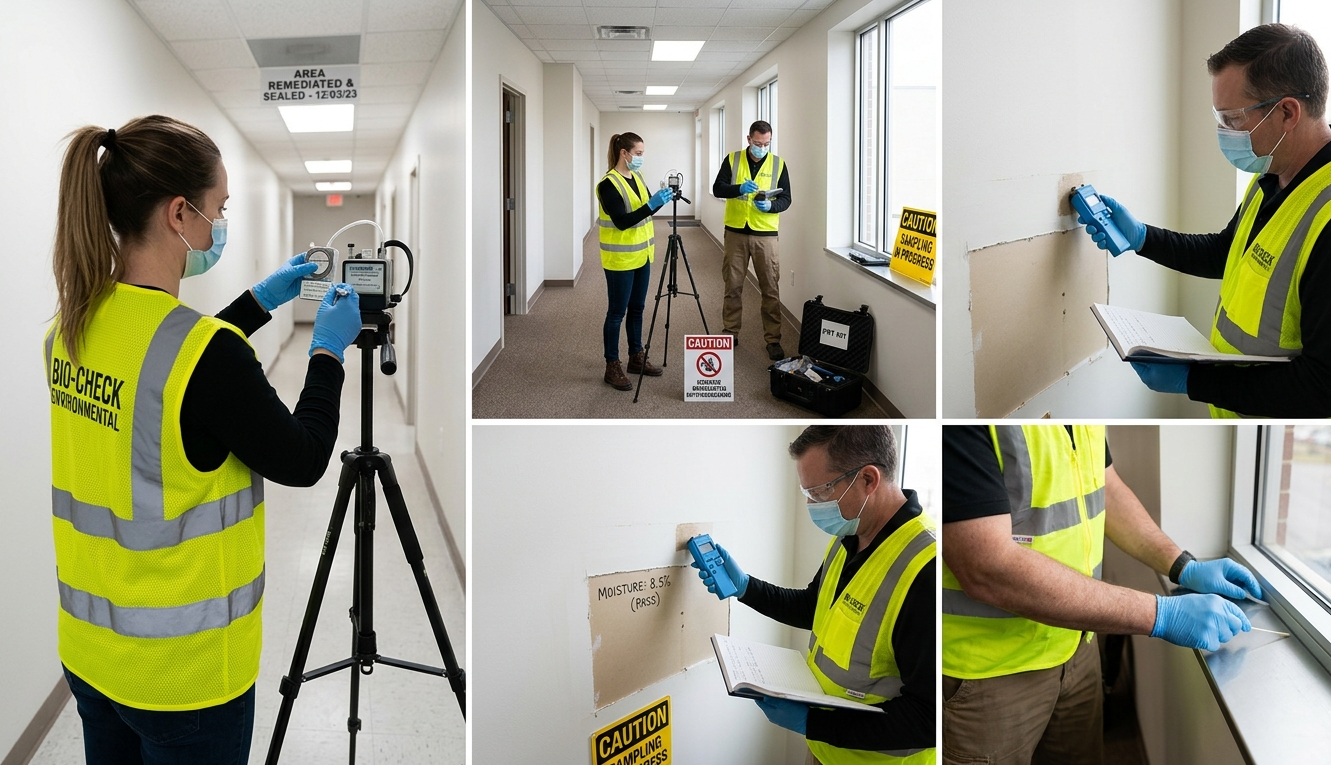 Environmental inspectors in high-visibility vests and protective gear conduct air quality and material testing in a hallway.