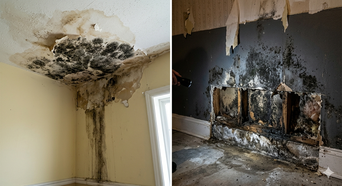 Split view showing severe mold growth and water damage on a residential ceiling, wall, and exposed interior wall studs.