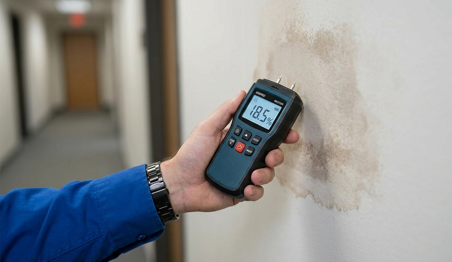 A hand holds a moisture meter against a water-stained wall in a building hallway.