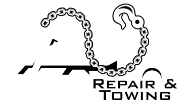 Logo for repair and towing service, with a chain and hook forming a 