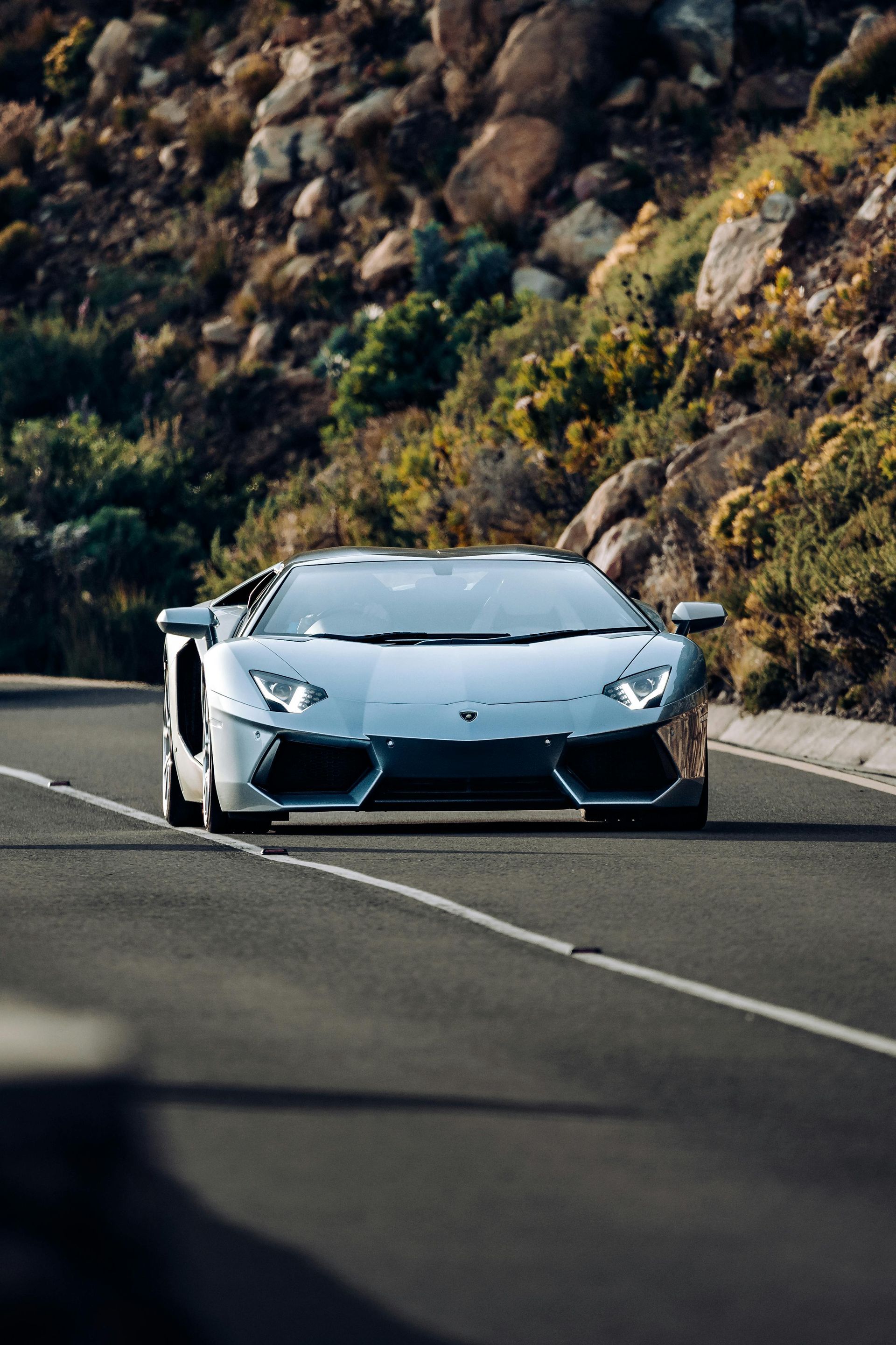 Silver Lamborghini sports car driving on a paved road in a mountainous, natural setting.