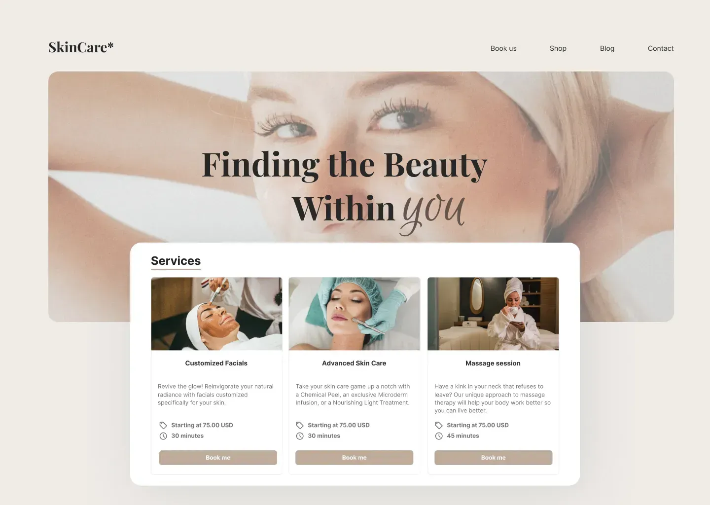 A landing page for a beauty salon with a woman getting a treatment.