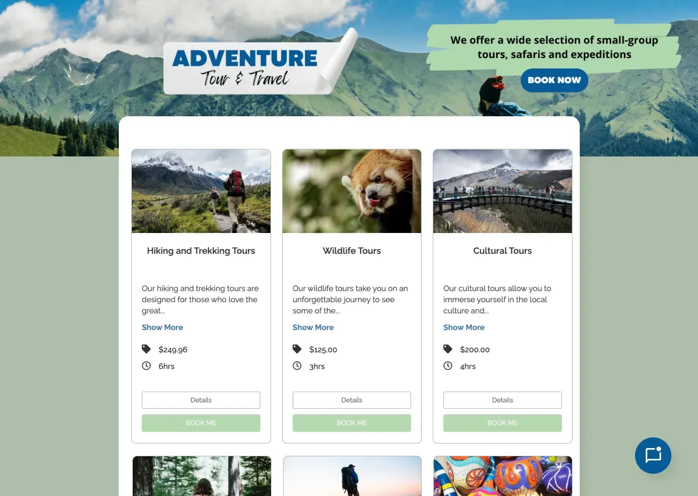 A screenshot of a website for adventure time & travel.