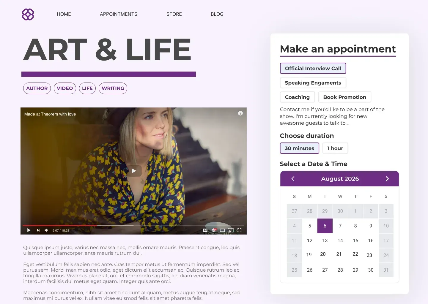 A woman is sitting in front of a computer on a website called art & life.