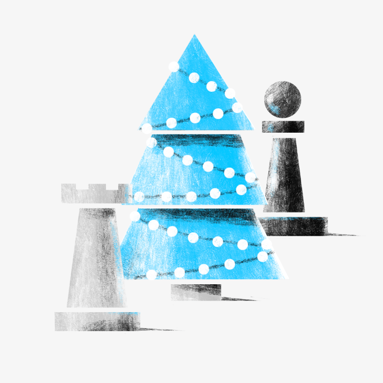 An illustration of a christmas tree made out of chess pieces.