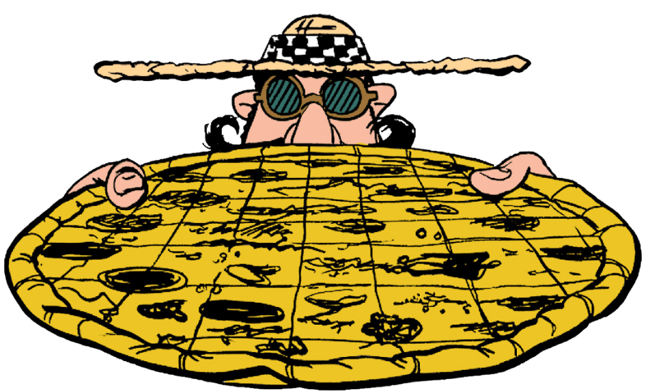 A cartoon of a man wearing sunglasses and a hat holding a large pizza.