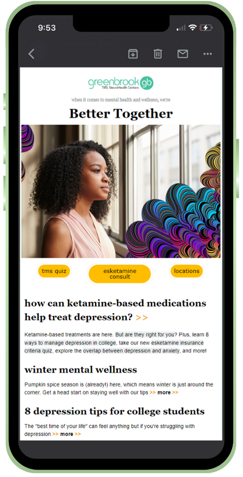 A smartphone displays an article about ketamine-based medications. It features a woman, with text and links.