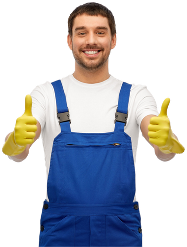 A man wearing blue overalls and yellow gloves is giving two thumbs up