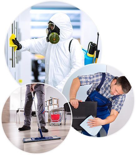 A man in a protective suit is cleaning an office with a mop.