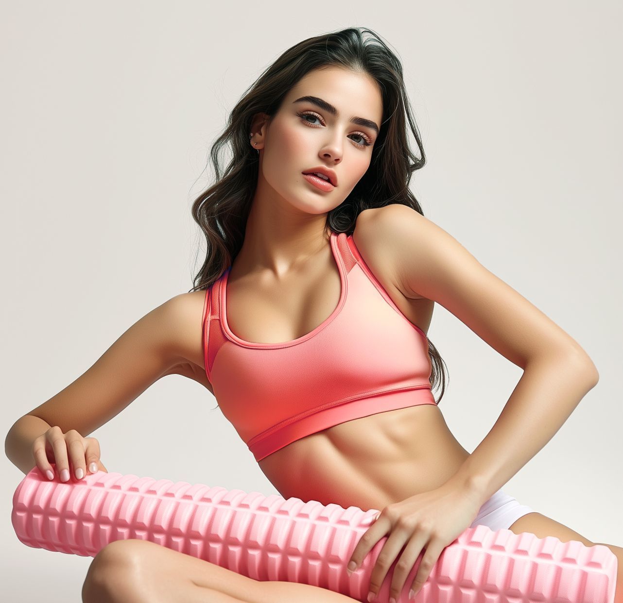Woman in pink sports bra and shorts with foam roller, looking at the viewer.
