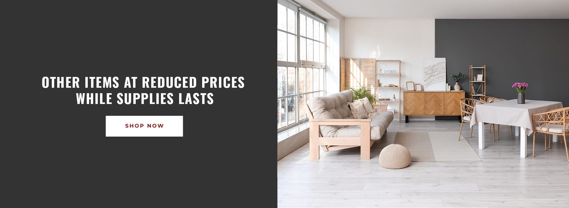 Living room sectional and rug, neutral tones. "Shop Living Rooms" text.
