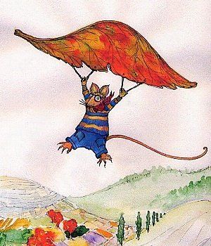 ALEX, The Pink Rat illustration of Alex paragliding with a leaf