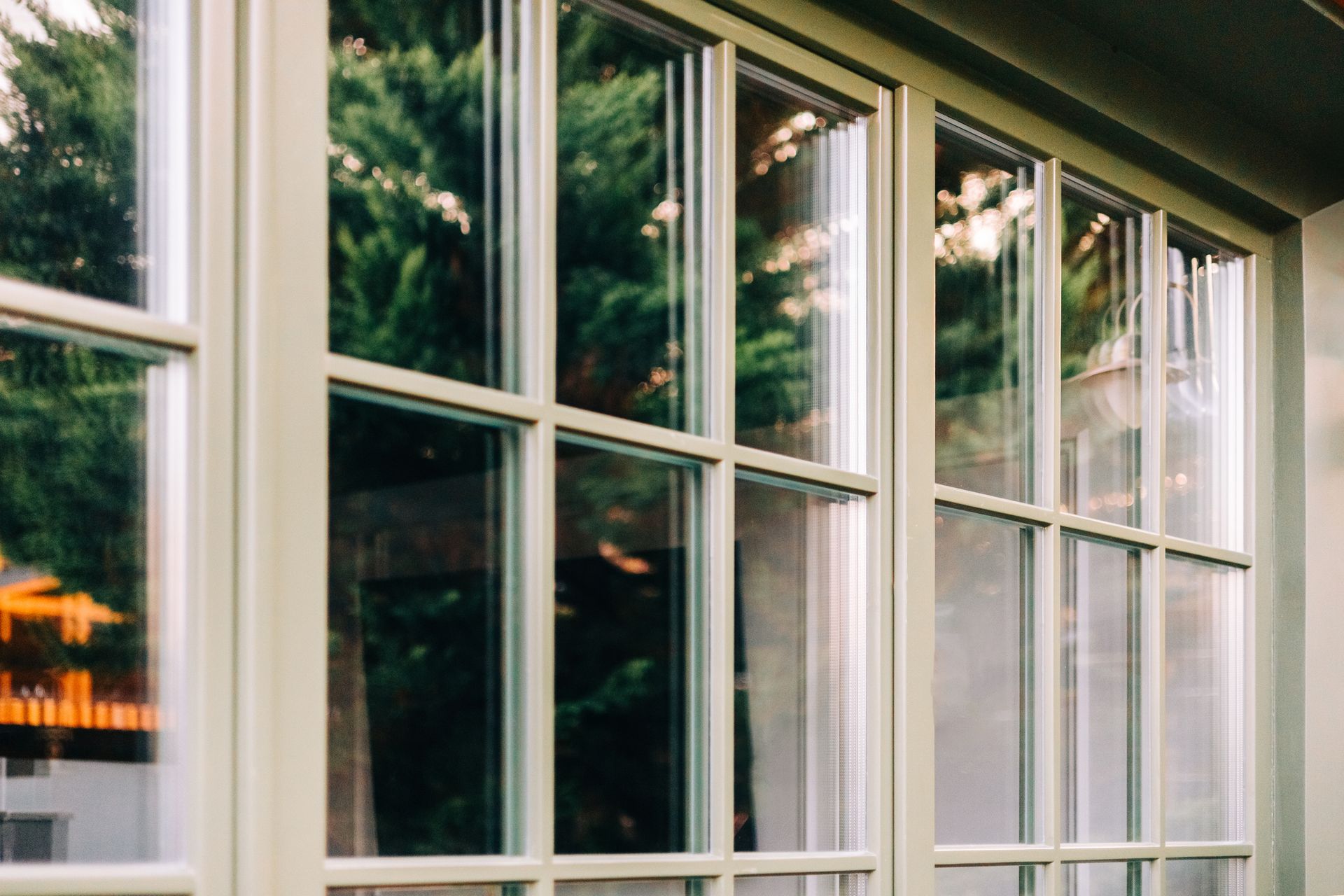 Windows with light green frames reflecting trees and a building outside.