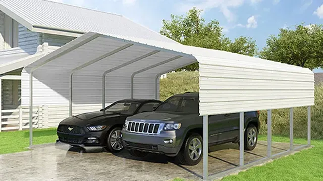 Two cars parked under a white metal carport next to a house.
