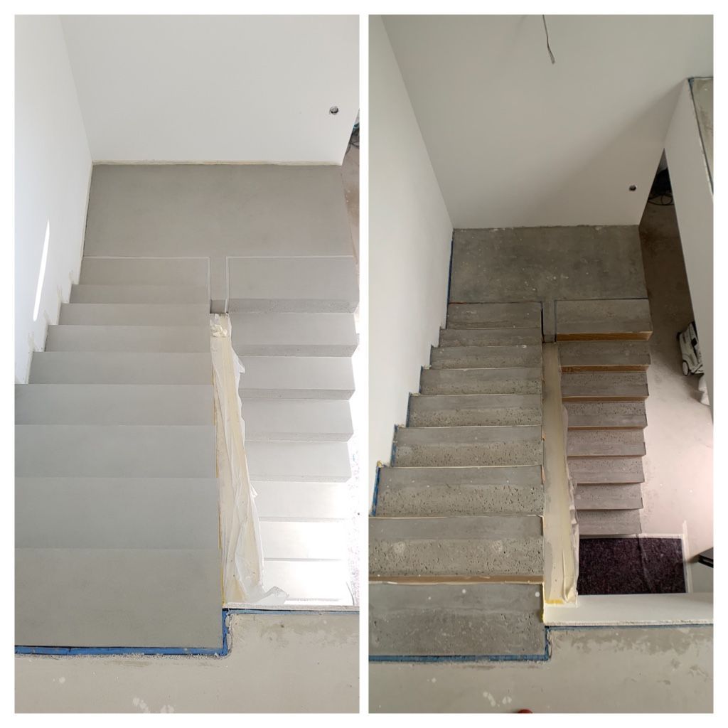 Eine Betontreppe wurde in einem Wohnhaus mit Mikrozement Fugenlos in Betongrau beschichtet und verschönert