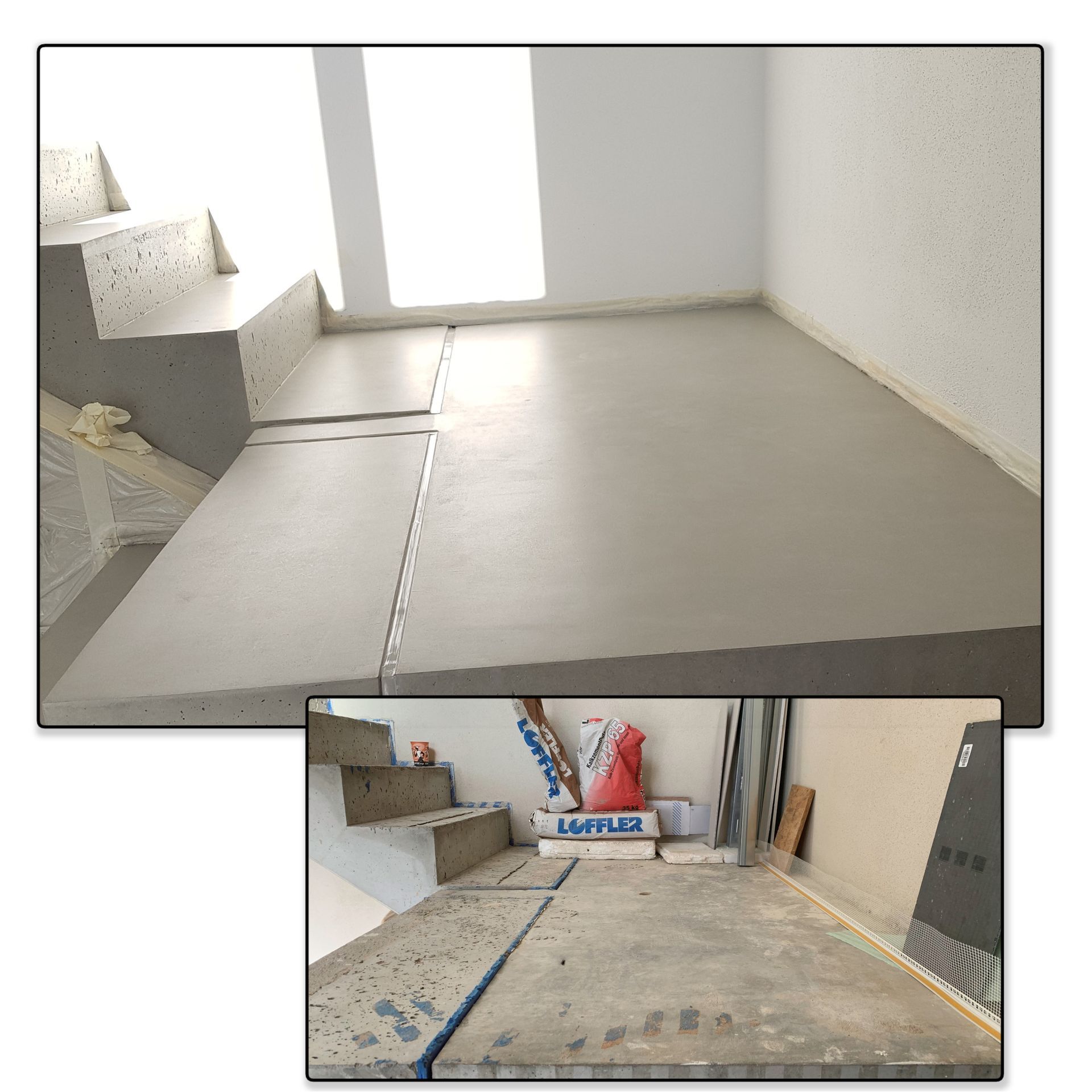 Eine Betontreppe wurde in einem Wohnhaus mit Mikrozement Fugenlos in Betongrau beschichtet und verschönert