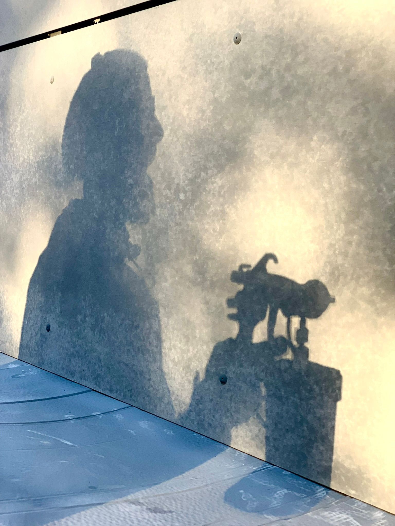 Ein menschlicher Schatten wird durch die Sonne auf eine Betonwand gezeigt